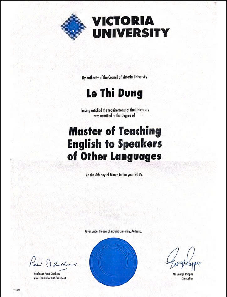 Bằng Thạc sĩ Master of TESOL — Victoria University